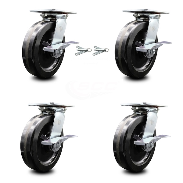 Service Caster 8 Inch Phenolic Caster Set with Roller Bearing 4 Brake and 2 Swivel Lock SCC SCC-35S820-PHR-SLB-BSL-2-SLB-2 - main